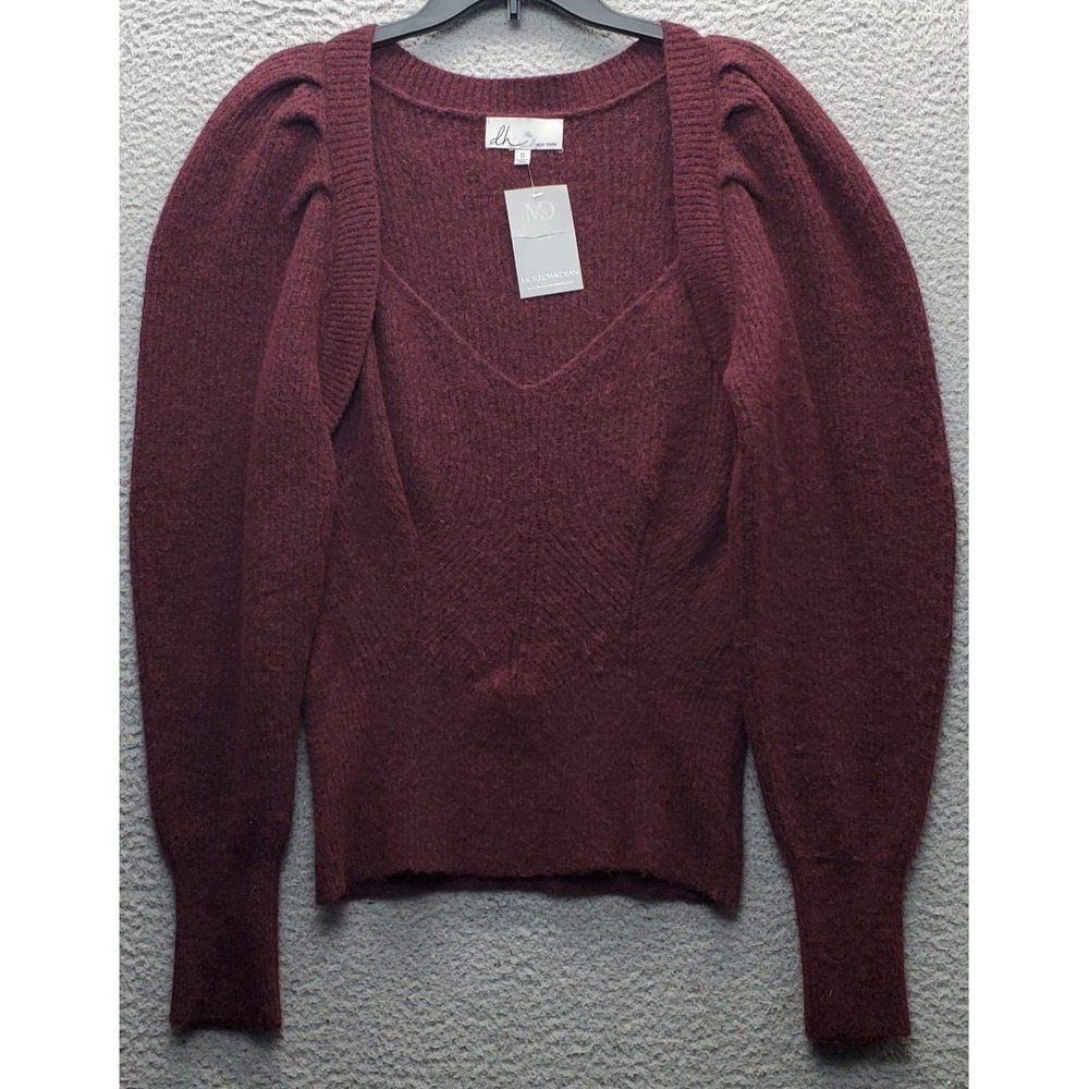 Morrow & Dean Sweater Womens‎ S Multi Knitted Ribbed Puff Sleeve V-Neck Pullover